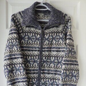 LL Bean Women's Sweater Jacket Size Large Blue Full Zip Western Nautical Outdoor